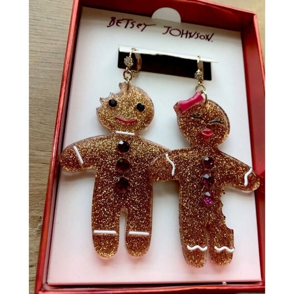 Betsey Johnson Gold Tone Gingerbread Man & Woman Mismatch Drop Earrings - Picture 3 of 5